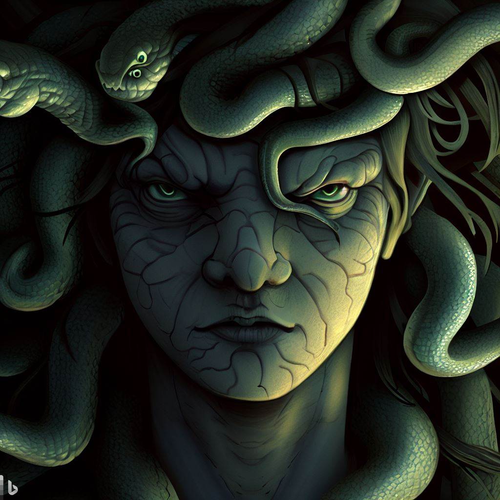 A gorgon, a creature with snakes for hair and the power to turn people to stone with its gaze.