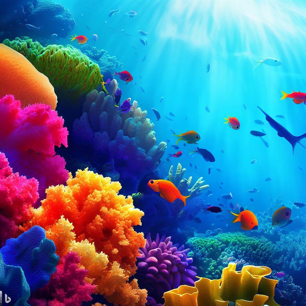 A coral reef, with colorful fish and other sea creatures that swim among the vibrant coral formations.