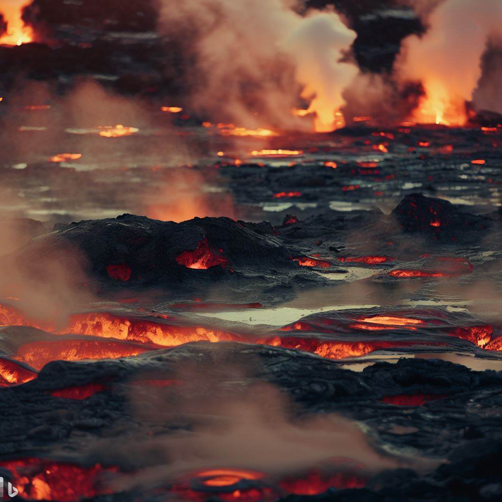 A lava field, with bubbling pools of molten rock and steaming geysers.