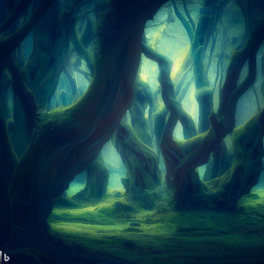 A sentient forest, with trees that move and communicate with each other, creating a magical and mysterious atmosphere.