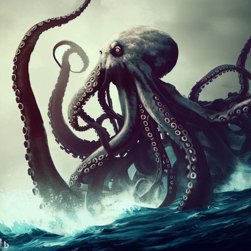A kraken, a giant sea monster with tentacles that can crush ships and drag them underwater.