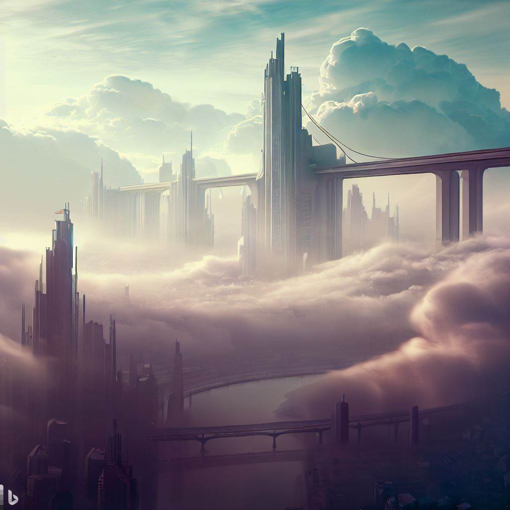 A city in the clouds, with towering skyscrapers and bridges that stretch across the sky.