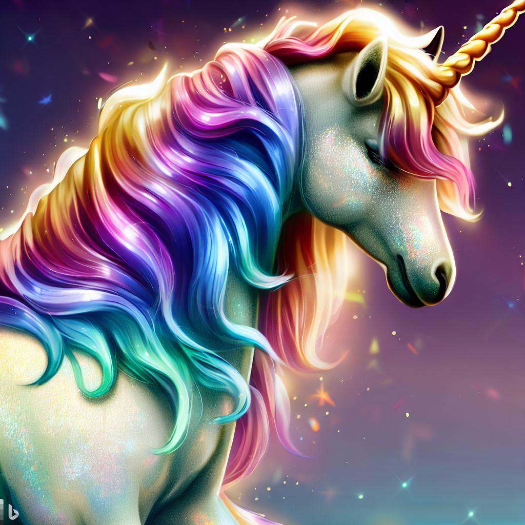 A unicorn with a shimmering, rainbow-colored mane and a powerful, golden horn