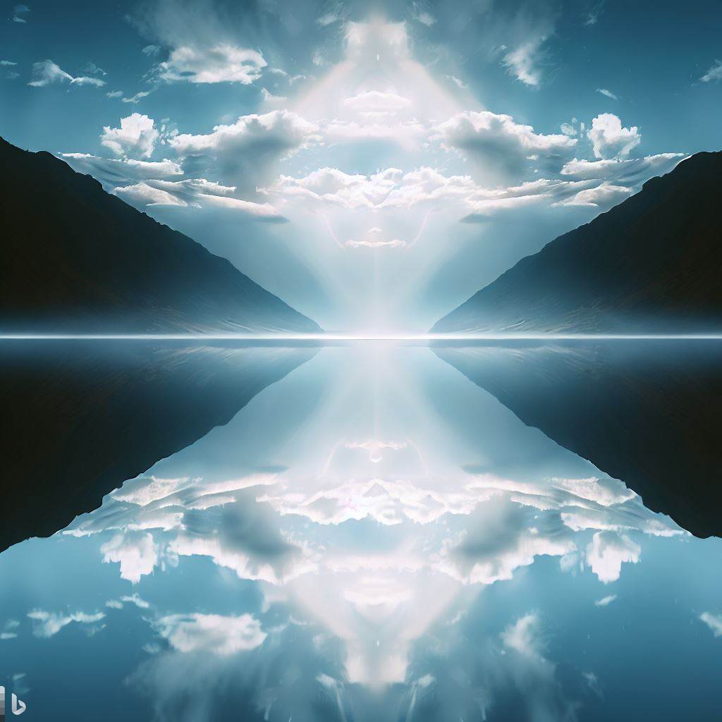 A mirrored lake, with perfectly still water that reflects the sky and creates a stunning optical illusion.