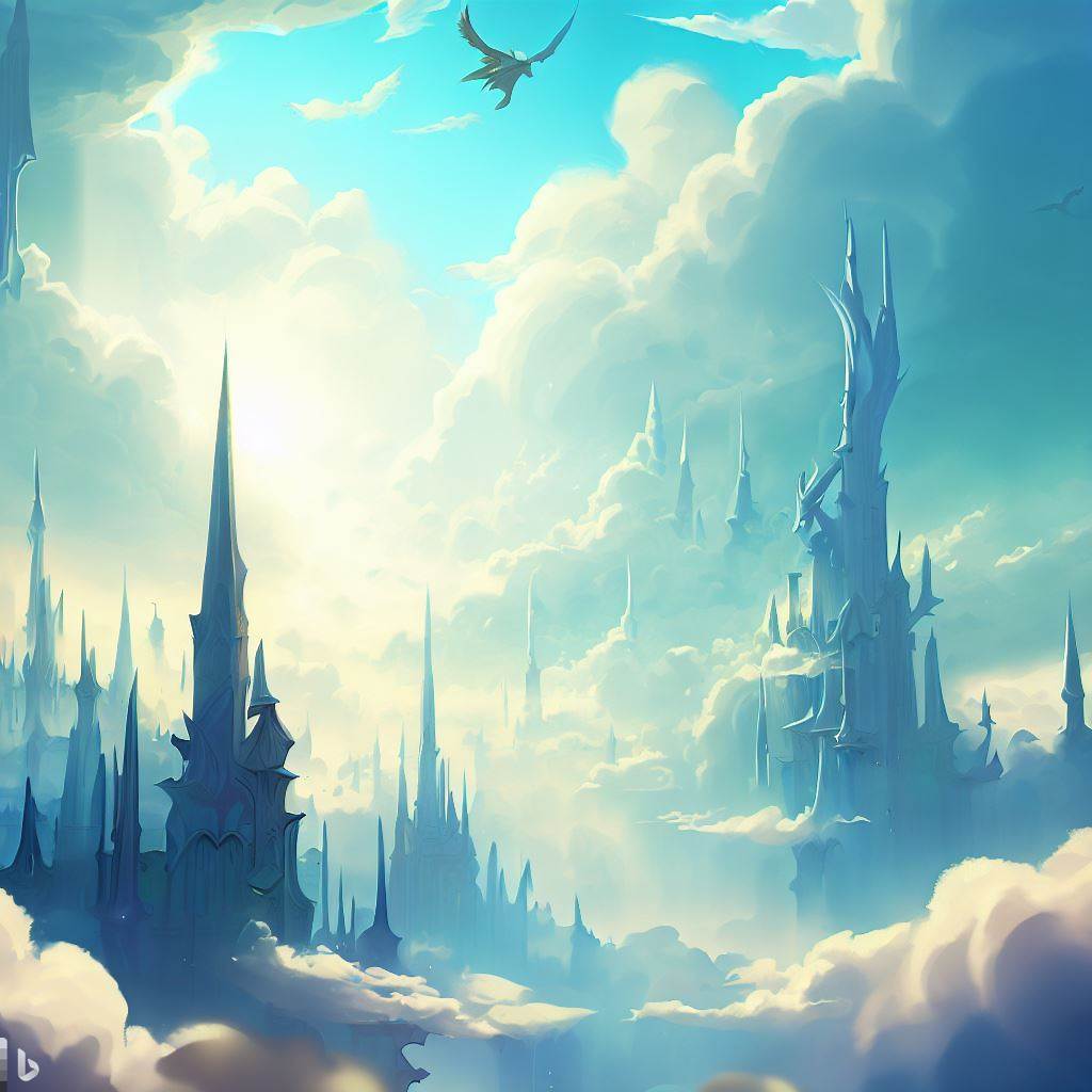 A sky kingdom, with towering spires and magical creatures that soar through the clouds.