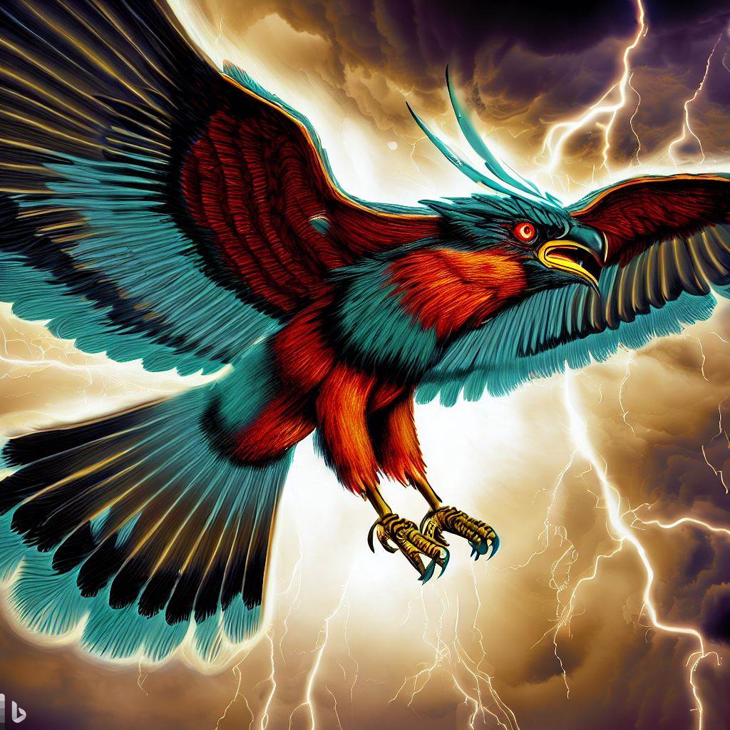 A thunderbird, a giant bird from Native American mythology that creates thunder and lightning with the beating of its wings.