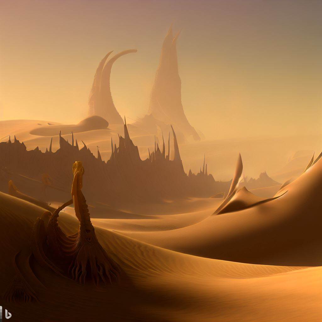 A living desert, with sand dunes that shift and change with the wind, and strange desert creatures that roam the landscape.
