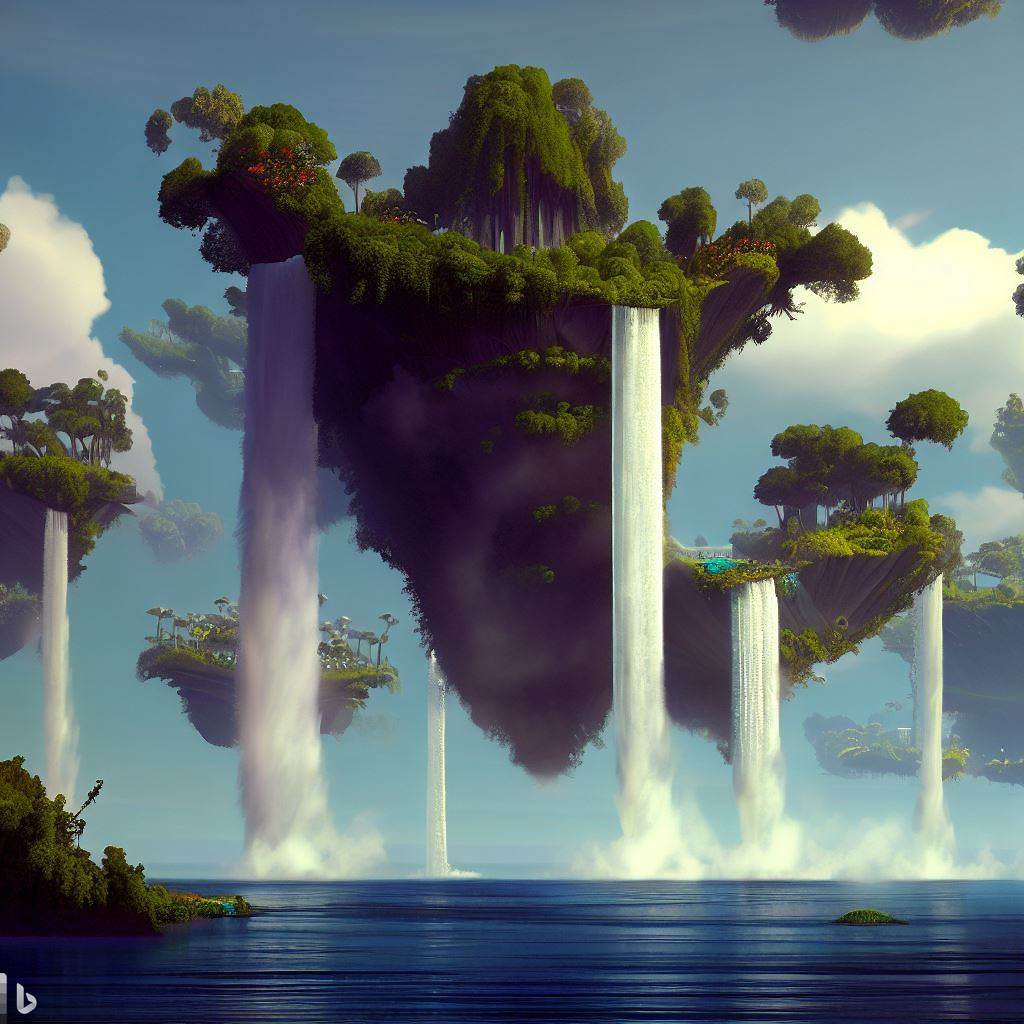 A floating island, with majestic waterfalls and lush gardens that defy gravity.
