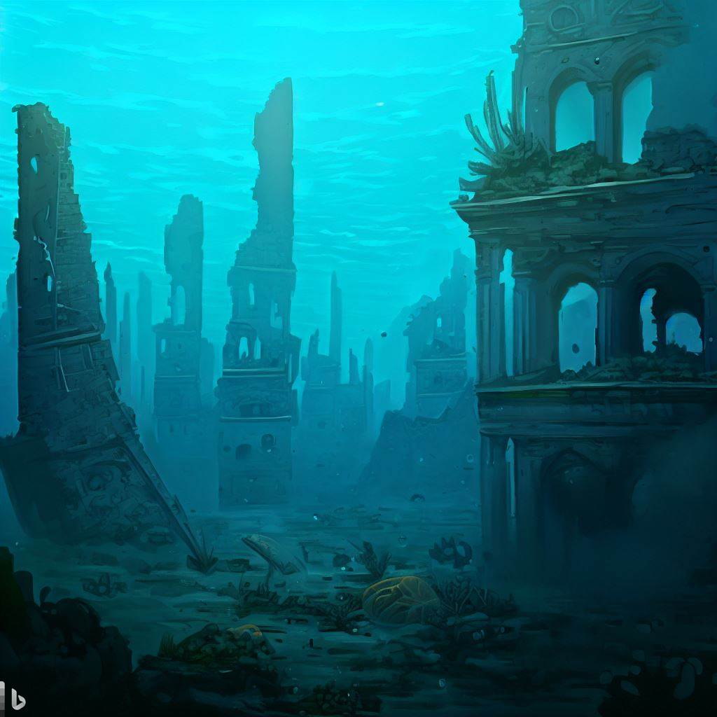 A sunken city, with submerged buildings and ruins that are now home to underwater creatures.