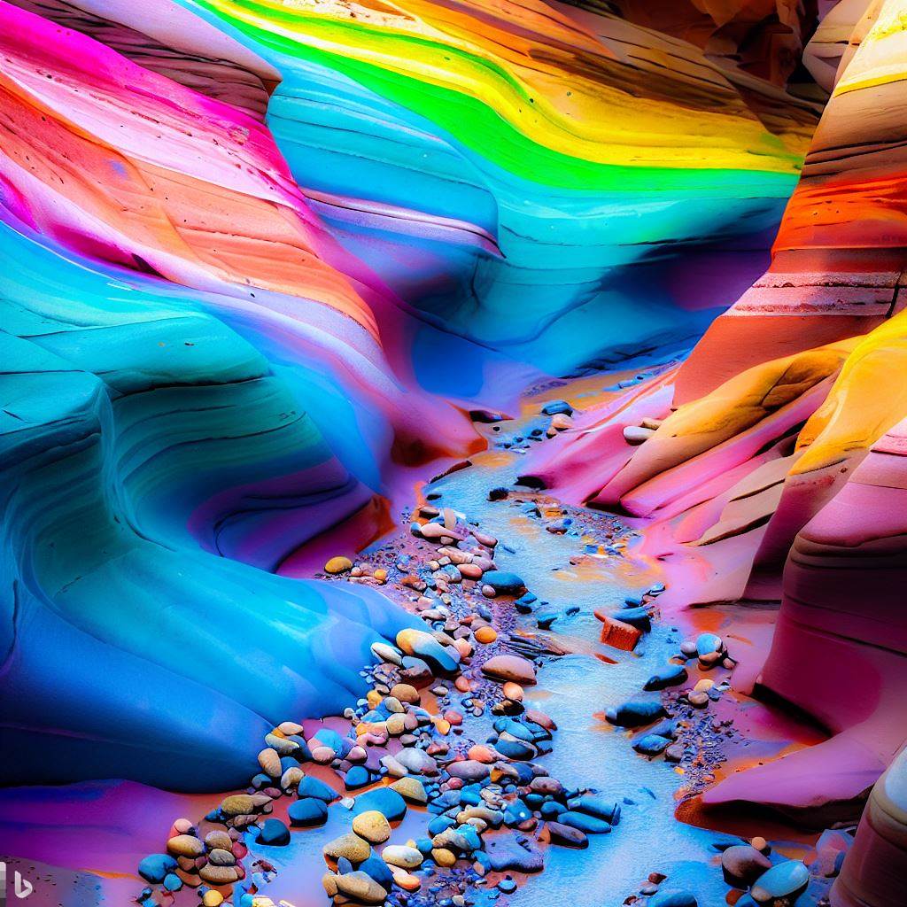 A rainbow canyon, with brightly colored rocks and a river that runs through it.