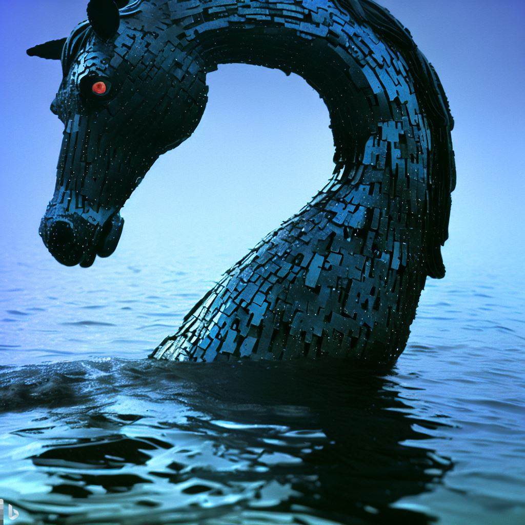 A kelpie, a Celtic creature that appears as a horse with a shimmering, wet coat and drowns travelers in bodies of water.