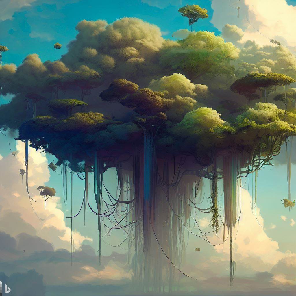 A floating forest, with trees that hover above the ground and are anchored to the sky by delicate vines.