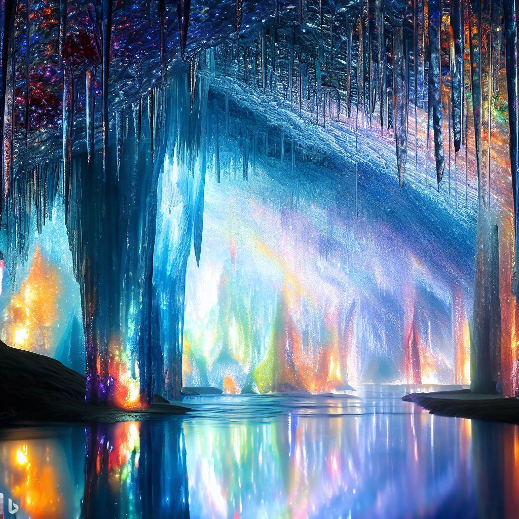 A crystal cave, with glittering walls and underground lakes that reflect the light in dazzling colors.