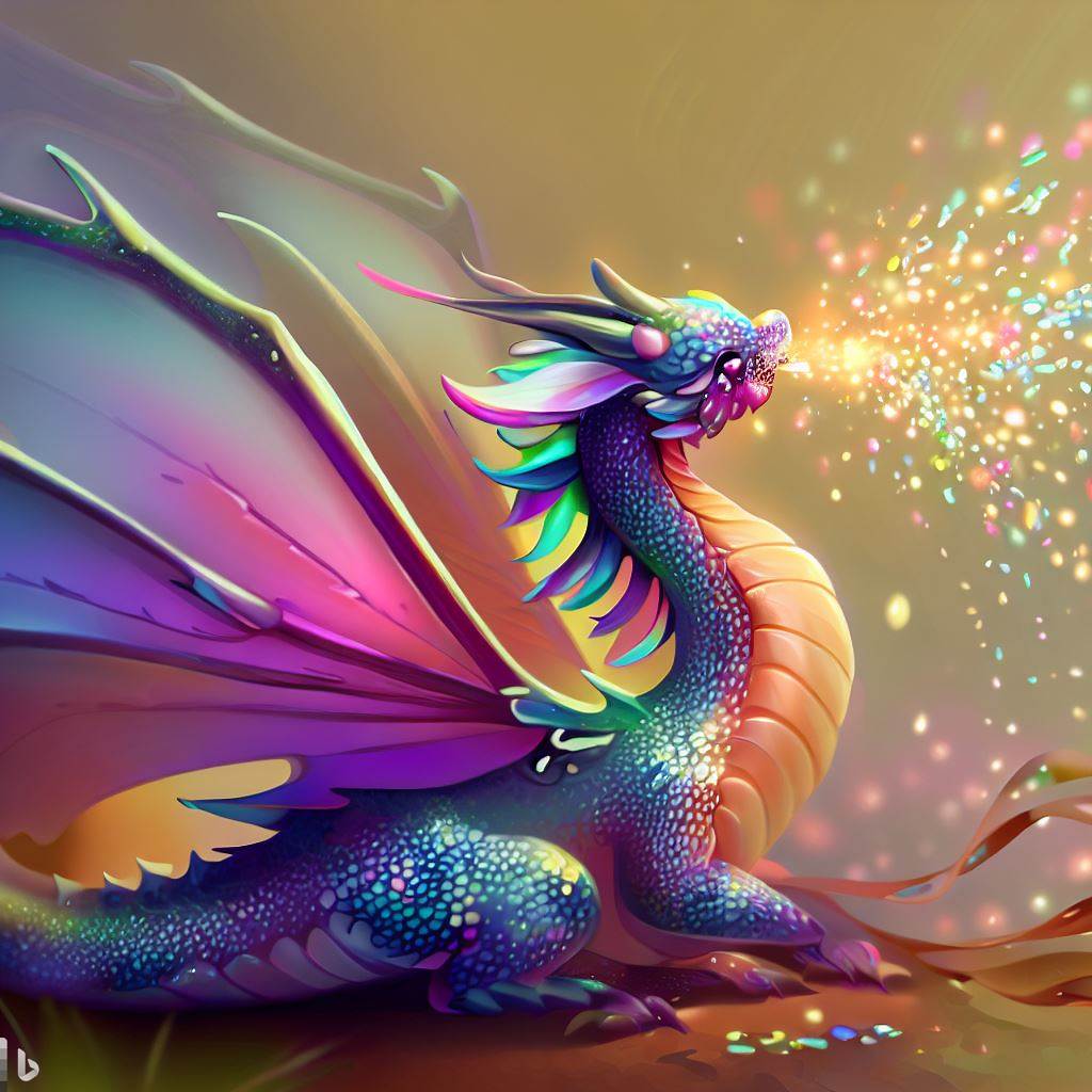 A fairy dragon whose scales shimmer in all colors of the rainbow and who spits tiny sparks