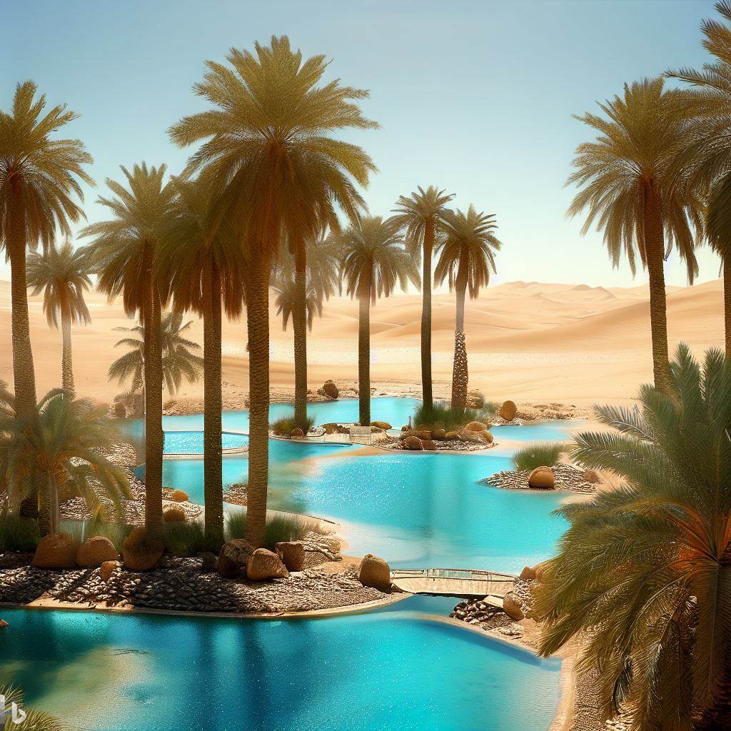A desert oasis, with palm trees and sparkling blue pools that provide a refuge from the scorching sun.