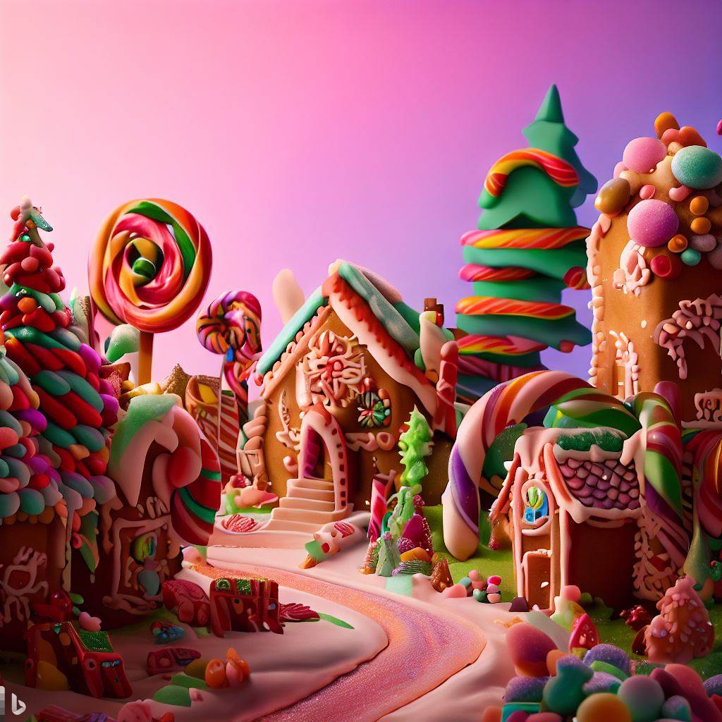A candy land, with gingerbread houses and candy cane trees that create a sugary wonderland.