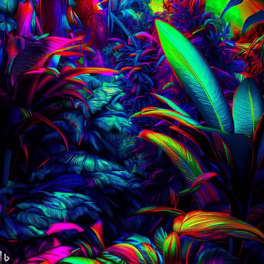 A technicolor jungle, with fluorescent flora and fauna that create a surreal and psychedelic environment.