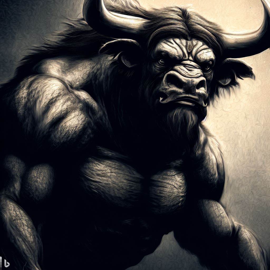 A minotaur, a creature with the body of a man and the head of a bull, known for its strength and ferocity