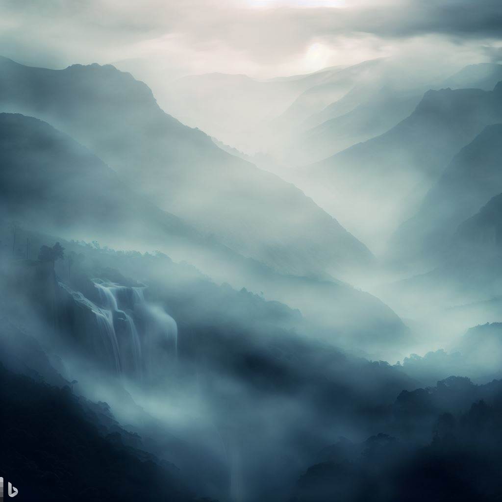 A misty mountain range, with hidden valleys and cascading waterfalls, shrouded in a mystical fog.